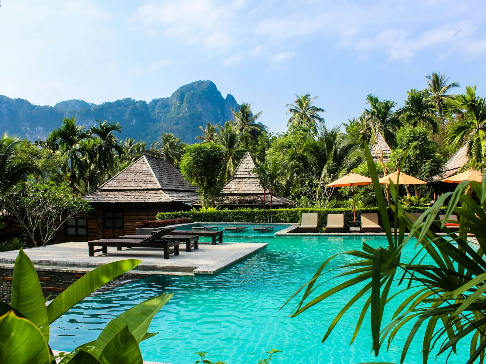 Pool terrace with loungers and tropical planting