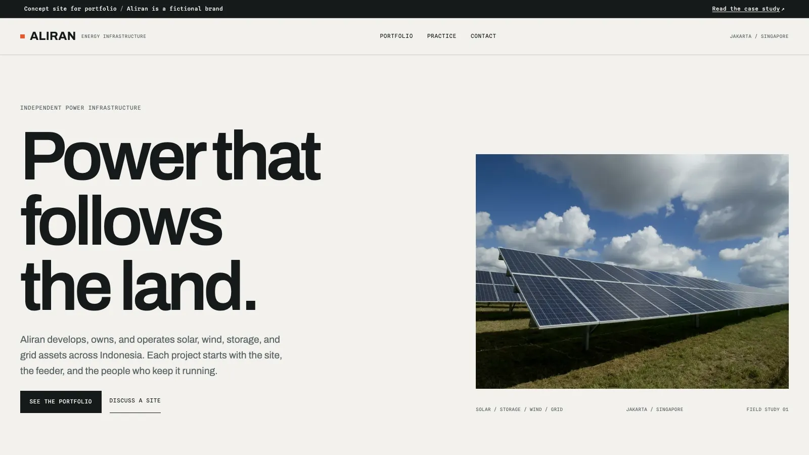 Aliran homepage with a solar field, technical labels, and a live generation chart.