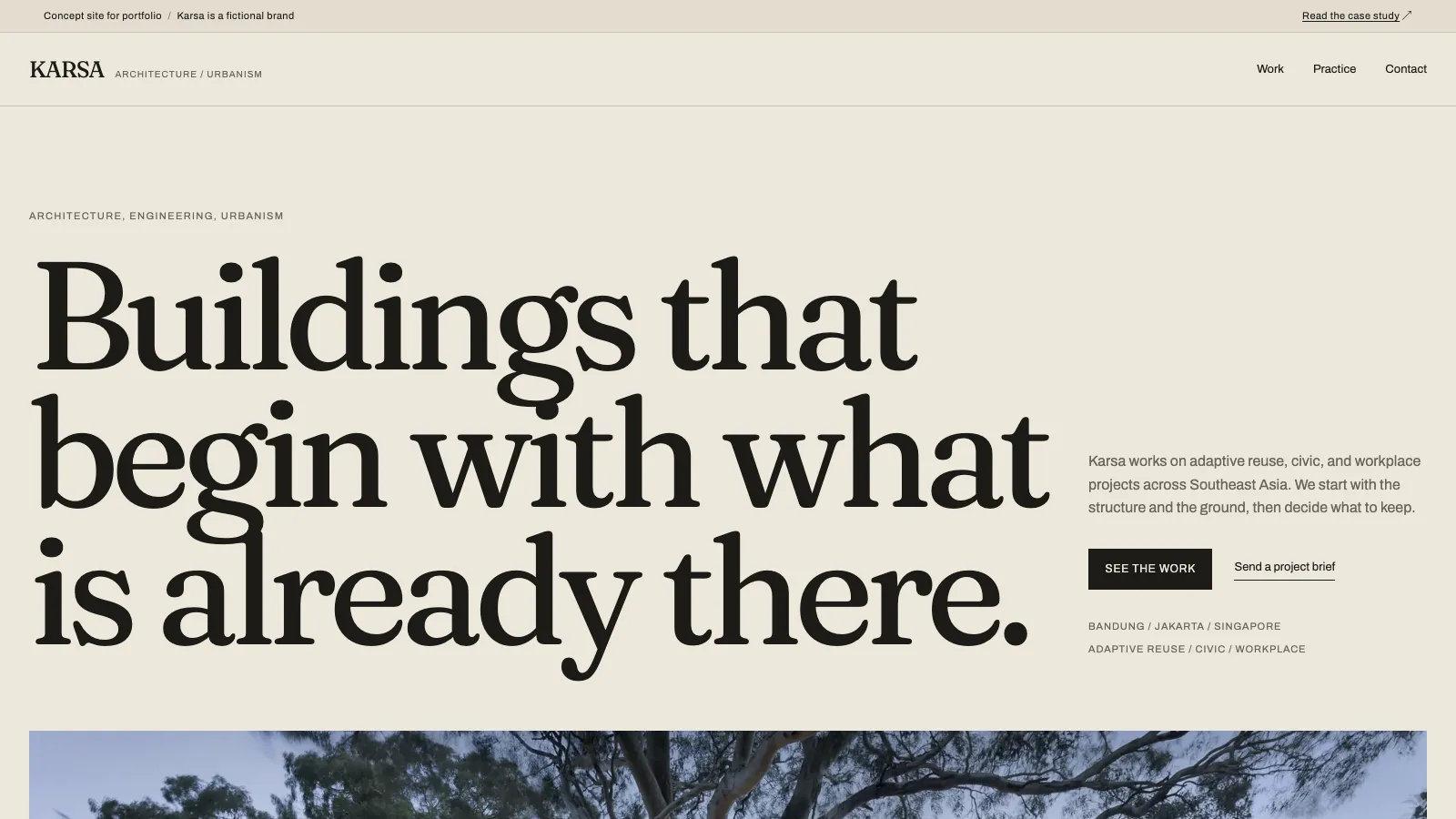 Karsa homepage with an architectural photograph, serif headline, and project index.