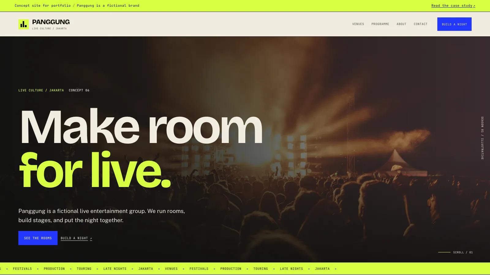 Panggung homepage with a bright poster grid, cobalt blue panels, and bold display typography.