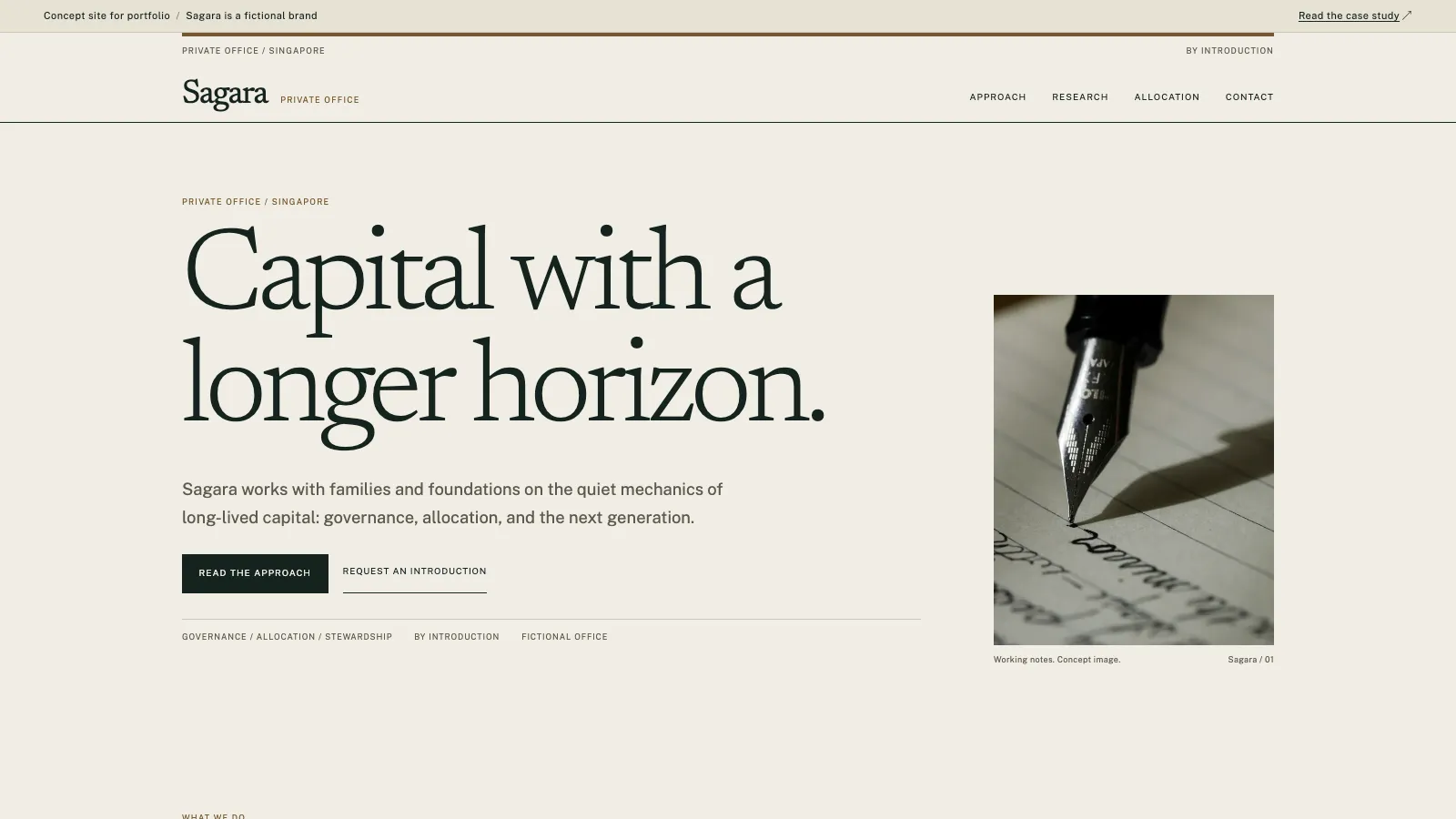 Sagara homepage with a quiet editorial layout, capital allocation controls, and a research index.