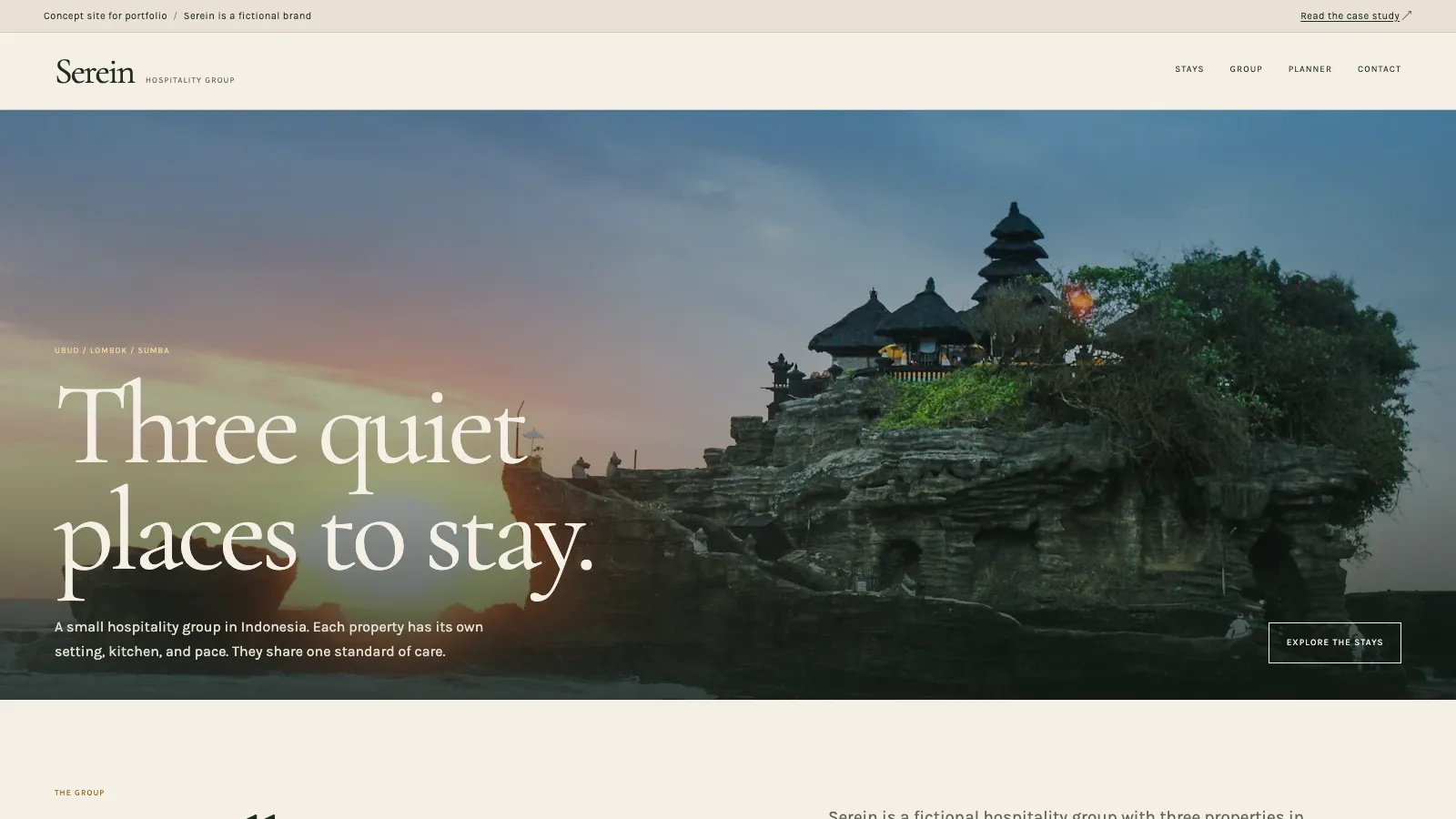Serein homepage with a tropical landscape, restrained typography, and a stay planner.